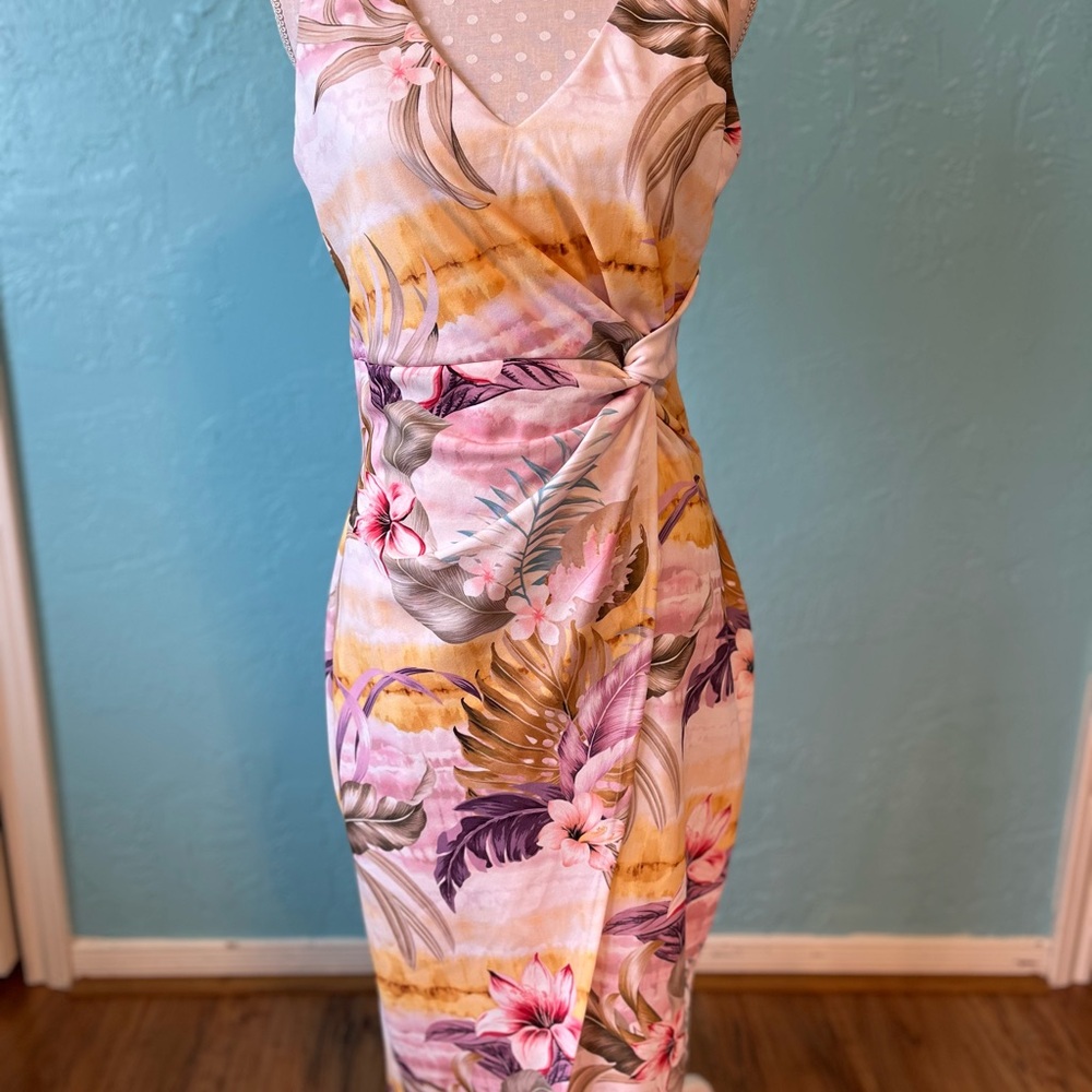 Guess Floral Midi Dress in Pink and Yellow